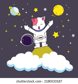 Cute Astronaut Cat Holding Helmet Cartoon Vector Icon Illustration. Animal Science Icon Concept Isolated Premium Vector. Flat Cartoon Style