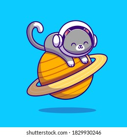 Cute Astronaut Cat Lying On Planet Cartoon Vector Icon Illustration. Animal Space Icon Concept Isolated Premium Vector. Flat Cartoon Style