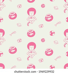 The cute astronaut cat is meditating, seamless pattern, wallpaper, print, art
