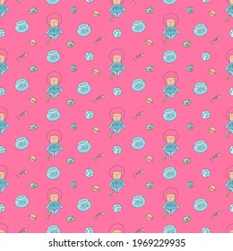 The cute astronaut cat is meditating, seamless pattern, wallpaper, print, art