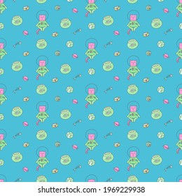 The cute astronaut cat is meditating, seamless pattern, wallpaper, print, art