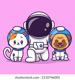 Cute Astronaut With Cat And Pug Dog Cartoon Vector Icon Illustration. Science Animal Icon Concept Isolated Premium Vector. Flat Cartoon Style