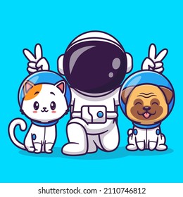 Cute Astronaut With Cat And Pug Dog Cartoon Vector Icon Illustration. Science Animal Icon Concept Isolated Premium Vector. Flat Cartoon Style