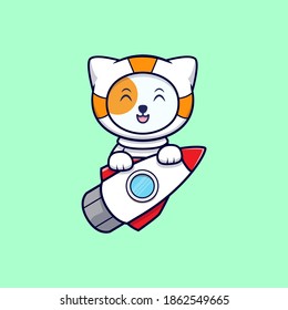 Cute Astronaut Cat Rides a Rocket Cartoon Vector Icon Illustration. Flat Cartoon Style