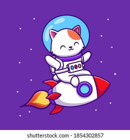 Cute Astronaut Cat Riding Rocket Cartoon Vector Icon Illustration. Animal Technology Icon Concept Isolated Premium Vector. Flat Cartoon Style