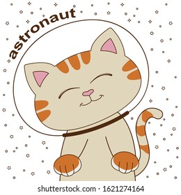 Cute astronaut cat  in space cartoon. Graphic element for kids, greeting card, cover, poster and t-shirt. Vector illustration.