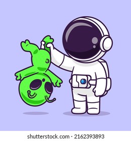 Cute Astronaut Catch Alien Cartoon Vector Icon Illustration Science Technology Icon Concept Isolated Premium Vector. Flat Cartoon Style