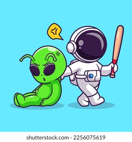 Cute Astronaut Catching Alien With Baseball Bat Cartoon Vector Icon Illustration. Science Technology Icon Concept Isolated Premium Vector. Flat Cartoon Style