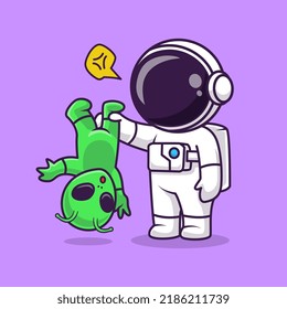 Cute Astronaut Catching Alien Cartoon Vector Icon Illustration Science Technology Icon Concept Isolated Premium Vector. Flat Cartoon Style