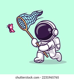 Astronauta Astronauta Que Capta Mariposa Con Ilustración Del Vector De Caricatura De La Red De Pesca. Concepto de icono animal de ciencia Vector Premium aislado. Estilo de dibujo plano