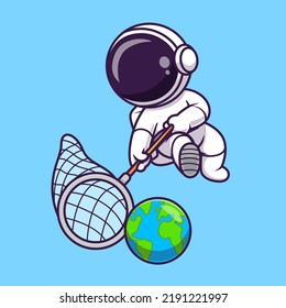 Cute Astronaut Catching Earth With Fishing Net Cartoon Vector Icon Illustration Science Technology Icon Concept Isolated Premium Vector. Flat Cartoon Style