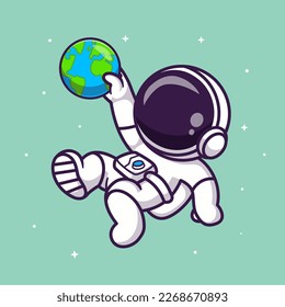Cute Astronaut Catching Earth World Globe In Space Cartoon Vector Icon Illustration. .Science Technology Icon Concept Isolated Premium Vector. Flat Cartoon Style 