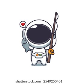 Cute astronaut catching fish with fishing rod cartoon vector illustration. vector cartoon illustration suitable for poster, brochure, web, mascot, sticker, logo and icon.