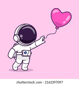 Cute Astronaut Catching Love Balloon Cartoon Vector Icon Illustration. Science Technology Icon Concept Isolated Premium Vector. Flat Cartoon Style