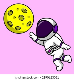 Cute Astronaut Catching Moon Cartoon Vector Icon Illustration. Flat Cartoon Concept
