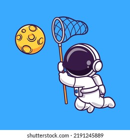 Cute Astronaut Catching Moon With Fishing Net Cartoon Vector Icon Illustration. Science Technology Icon Concept Isolated Premium Vector. Flat Cartoon Style