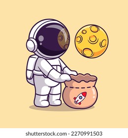 Cute Astronaut Catching Moon With Rocket Bag Cartoon Vector Icon Illustration. Science Technology Icon Concept Isolated Premium Vector. Flat Cartoon Style