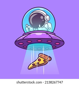 Cute Astronaut Catching Pizza With Ufo Cartoon Vector Icon Illustration. Science Food Icon Concept Isolated Premium Vector. Flat Cartoon Style