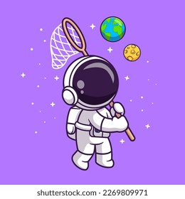 Cute Astronaut Catching Planet With Fishing Net Cartoon Vector Icon Illustration. Science Technology Icon Concept Isolated Premium Vector. Flat Cartoon Style