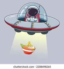 Cute Astronaut Catching Ramen Noodle With Ufo Cartoon. Astronaut Icon Concept. Flat Cartoon Style. Suitable for Web Landing Page, Banner, Flyer, Sticker, Card