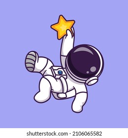 Cute Astronaut Catching Star Cartoon Vector Icon Illustration Science Technology Icon Concept Isolated Premium Vector. Flat Cartoon Style