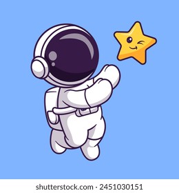 Cute Astronaut Catching Star Cartoon Vector Icon Illustration. Science Technology Icon Concept Isolated Premium Vector. Flat Cartoon Style