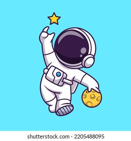 Cute Astronaut Catching Star With Moon Cartoon Vector Icon Illustration Science Technology Icon Concept Isolated Premium Vector. Flat Cartoon Style