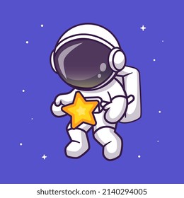 Cute Astronaut Catching Star In Space Cartoon Vector Icon Illustration. Science Technology Icon Concept Isolated Premium Vector. Flat Cartoon Style