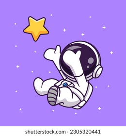 Cute Astronaut Catching Star In Space Cartoon Vector Icon Illustration. Science Technology Icon Concept Isolated Premium Vector. Flat Cartoon Style