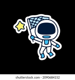 Cute astronaut catching stars on space cartoon doodle. illustration for t shirt, poster, logo, sticker, or apparel merchandise.