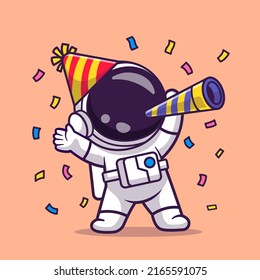 Cute Astronaut Celebrate Birthday Party Cartoon Vector Icon Illustration. Science Holiday Icon Concept Isolated Premium Vector. Flat Cartoon Style