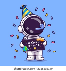 Astronauta Astronauta Celebra La Ilustración Icono del Vector de Caricaturas Espaciales del Cumpleaños. Vector Premium Aislado De Icono De Festividad Científica. Estilo de dibujo plano