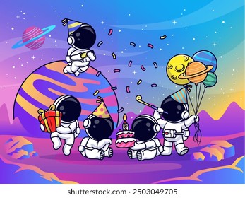 Cute Astronaut Celebrate Birthday Party On Space Cartoon 
Vector Icon Illustration. Science Holiday Icon Concept 
Isolated Premium Vector. Flat Cartoon Style