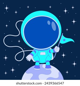 Cute astronaut character with flag stand on a planet. Cartoon vector illustration for poster, decoration, print.