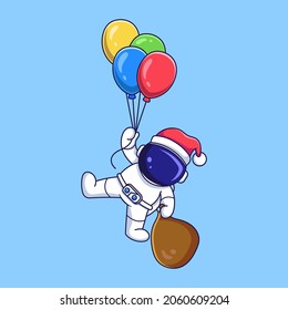cute astronaut character flying with balloons and carrying christmas gift bags. flat style cartoon illustration.