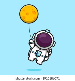 Cute astronaut character flying with moon balloon cartoon vector icon illustration. Science technology icon concept isolated vector. Flat cartoon style