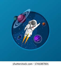 Cute astronaut character flying in space. Vector illustration in cartoon style. 