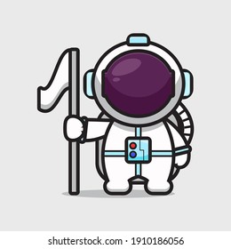 Cute astronaut character holding flag cartoon vector icon illustration. Science technology icon concept isolated vector. Flat cartoon style