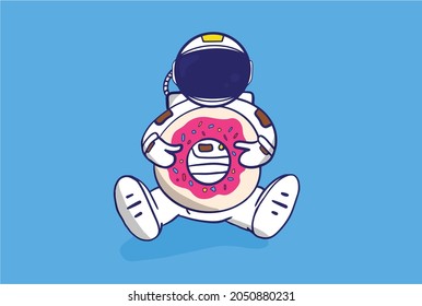 cute astronaut character hugging donut premium vector