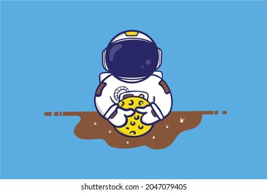 cute astronaut character hugging the moon premium vector