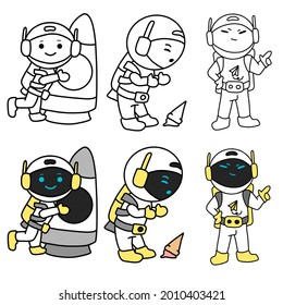 cute astronaut character illustration design side by side with line meaning. with white background