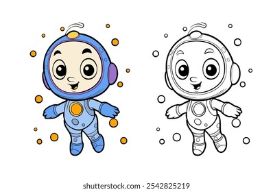 Cute Astronaut Character line art. Coloring page for kids. Vector illustration