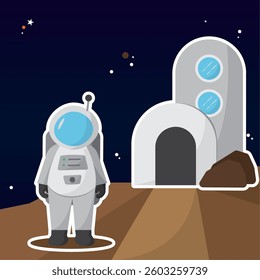 Cute astronaut character next to an outer space building