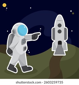 Cute astronaut character next to a rocket spaceship
