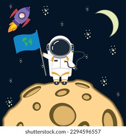 Cute astronaut character on the moon Paper art style Vector