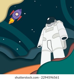 Cute astronaut character on the moon Paper art style Vector