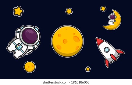 Cute astronaut character with rocket in space cartoon vector icon illustration. Science technology icon concept isolated vector. Flat cartoon style