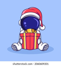 cute astronaut character sitting with christmas gift box. flat cartoon style illustration.