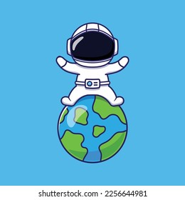 Cute Astronaut Character Sitting on Planet Earth