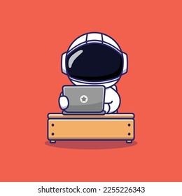 Cute Astronaut Character Working with His Laptop